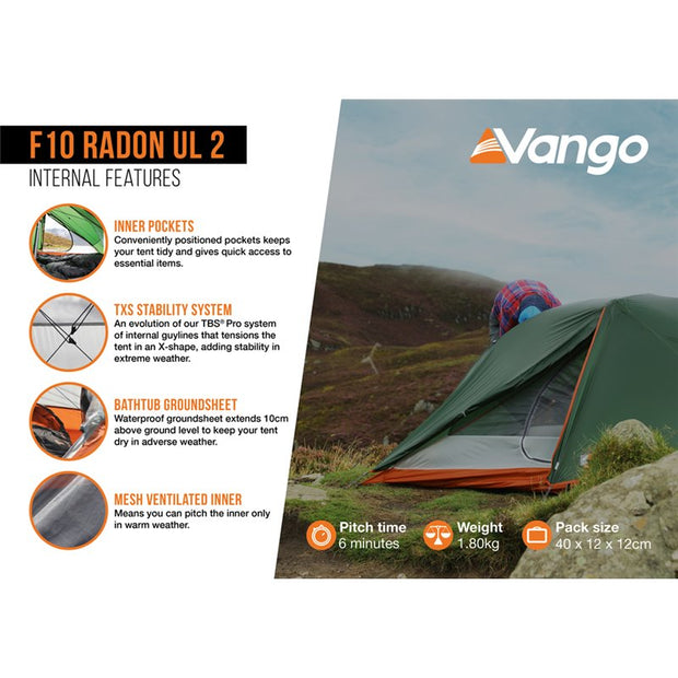 Vango F10 Radon UL 2 Lightweight Tent - Alpine Green