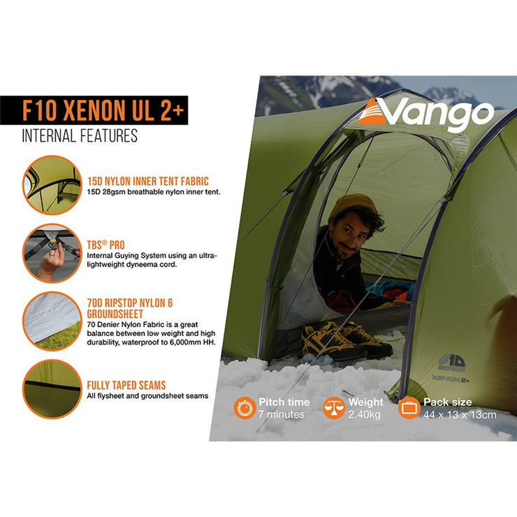 Vango F10 Xenon UL 2Plus 2 Person Lightweight Tent - Alpine Green