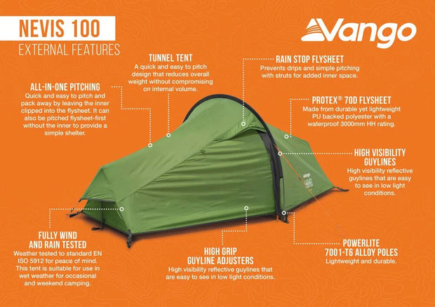 Vango Nevis 100 1 Person Lightweight 2025 Trekking Tent - Pamir Green