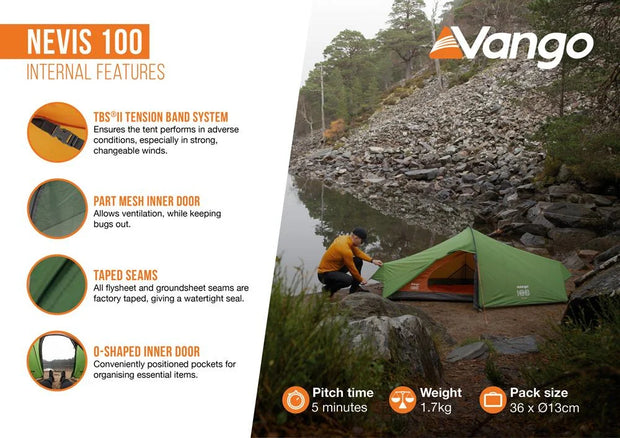 Vango Nevis 100 1 Person Lightweight 2025 Trekking Tent - Pamir Green