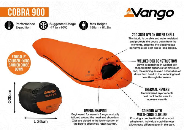 Vango Cobra 900 Down Sleeping Bag - Orange